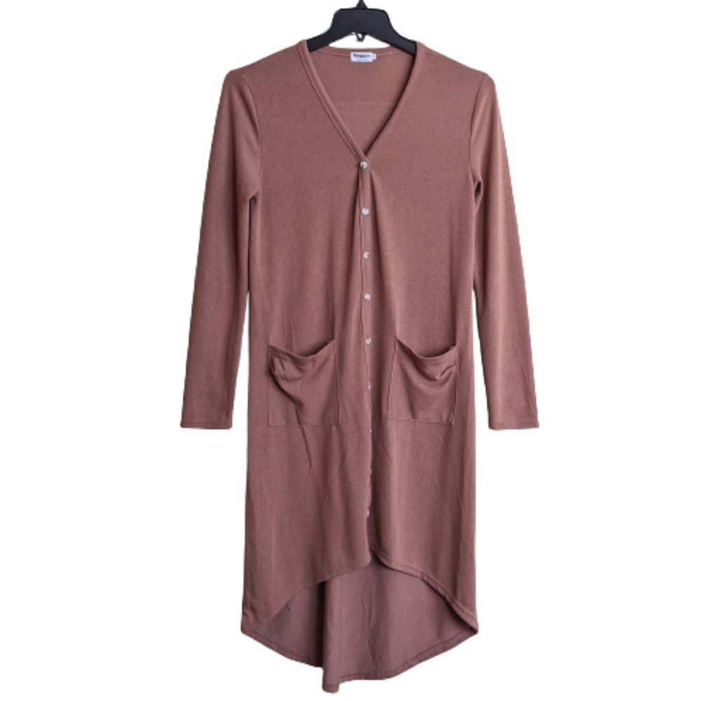 Naggoo Long Cardigan Sweater Tan Button Down Pockets Small